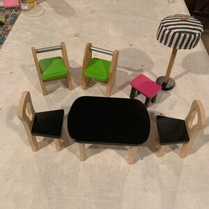 Miniature Wooden Dining Set with Black and Green Chairs